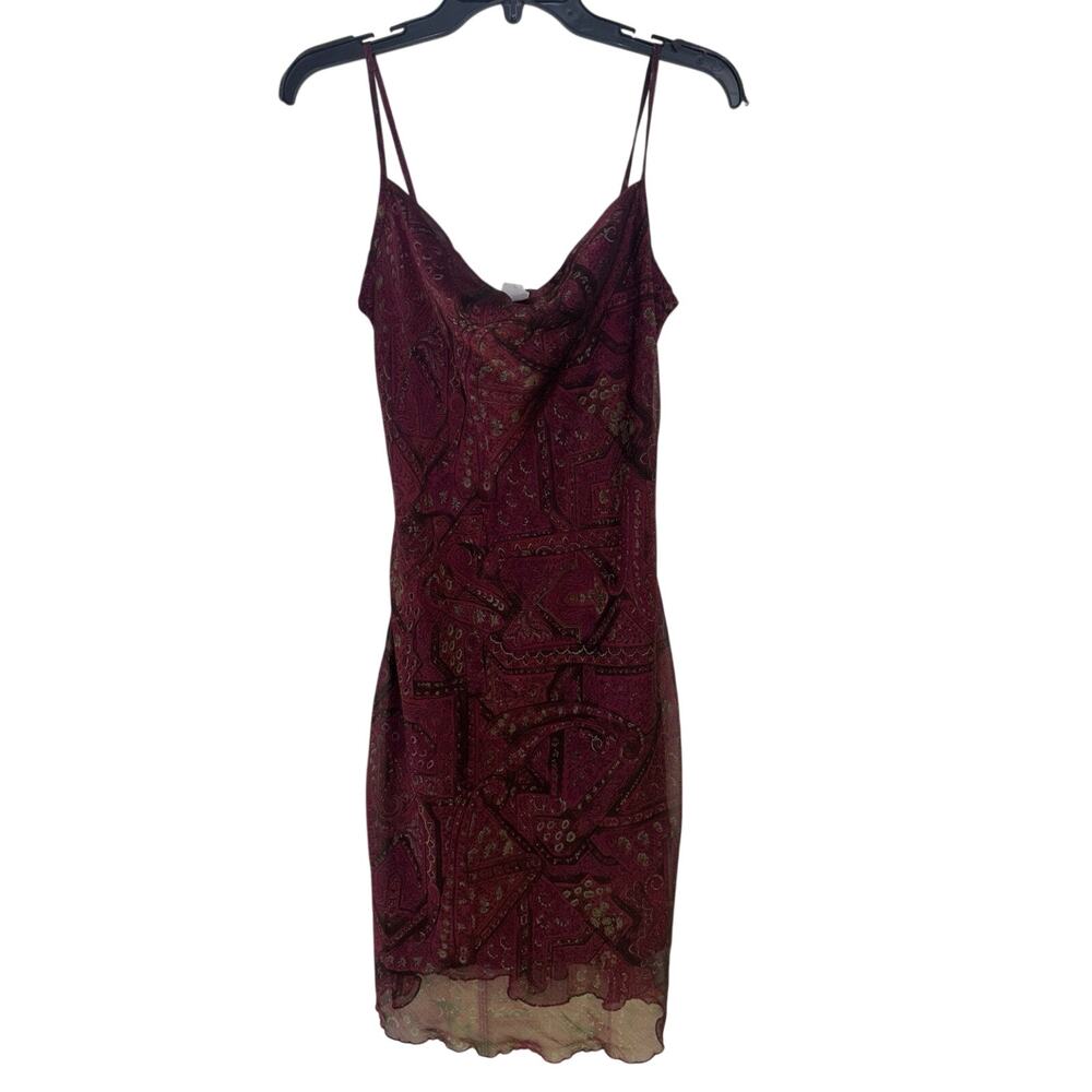 Y2K Burgundy Bandana Mesh Overlay Bias Cut Slip Dress M/L Dark Romance